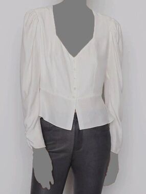 Frame Women's Ivory Shirred Sleeve Silk Peplum Blouse Top | Size: XS